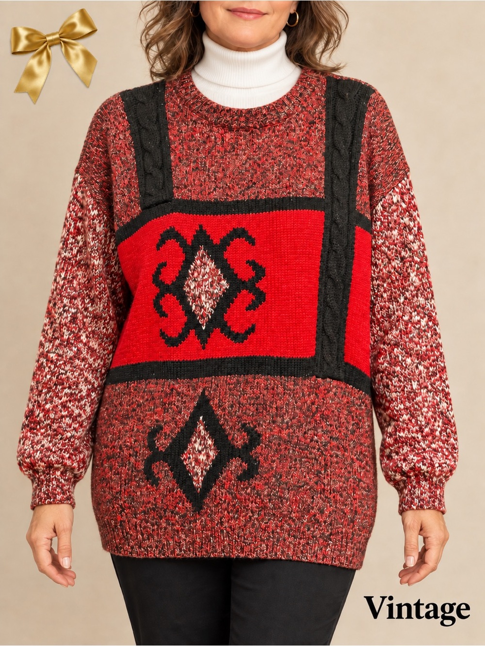 Vintage Oversized Red Black Geometric Metallic Knit Sweater 1% Wool Size Large